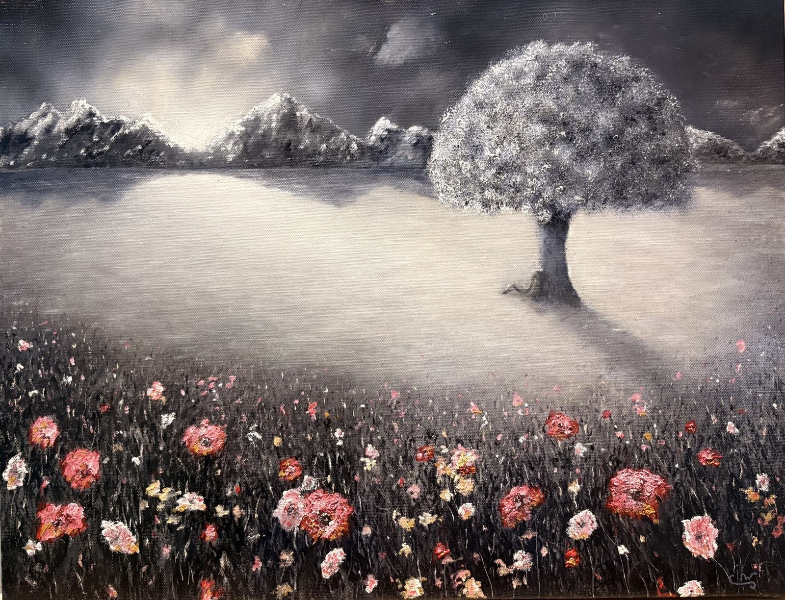 L'arbre d'argent — Huile sur toile, 50 × 65 cm, 2025, œuvre originale de Jérôme Wattebled — NoirClair